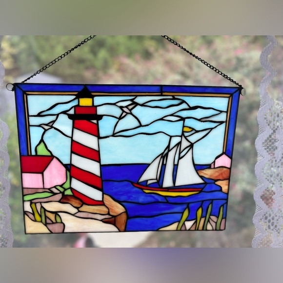 Hanging Rectangle Stained Glass Sailboat Lighthouse Nautical Harbor Scene 16x12” - Picture 5 of 11